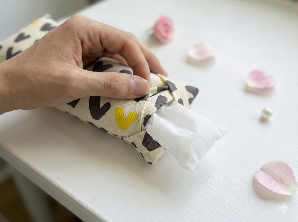 Hand sliding the white inner bag of buckwheat hulls out of the scandi abstract cover