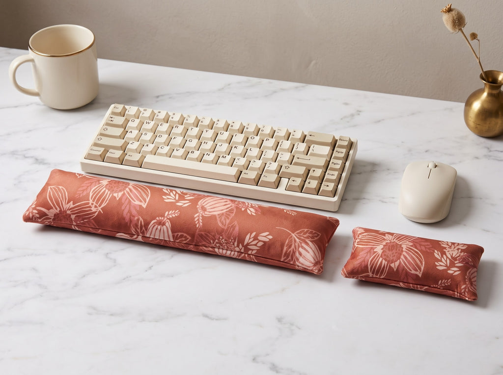 Terracotta bloom velvet wrist rest set in front of a keyboard and mouse on marble