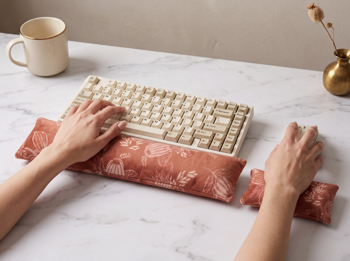 Hands on a keyboard and mouse resting on the terracotta velvet wrist rests