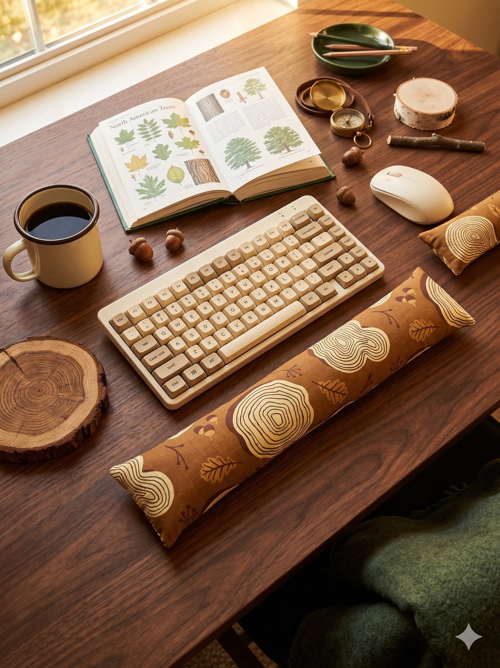 Tree ring wrist rests around a keyboard on a dark wood desk with a botanical book and a wood slice