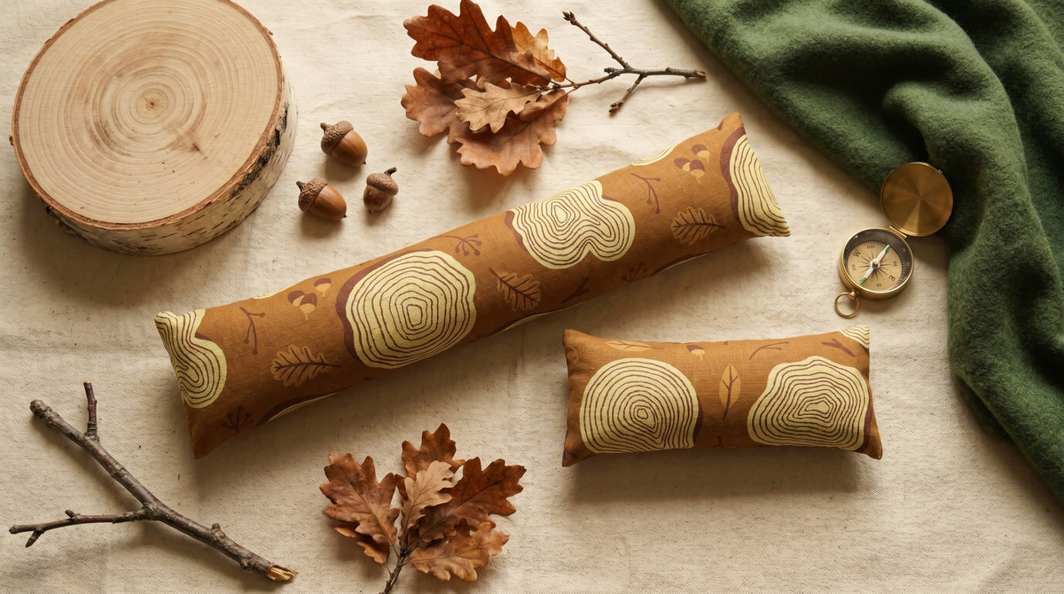 Tree ring keyboard and mouse wrist rests laid flat with oak leaves and acorns