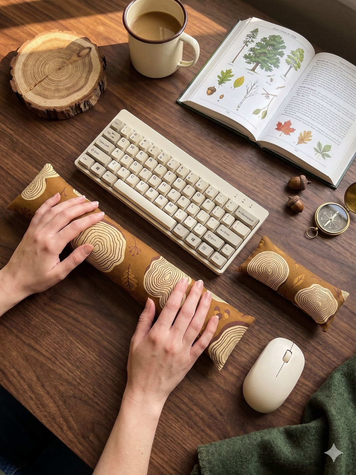 Hands on a keyboard and mouse resting on the tree ring wrist rests beside an open book
