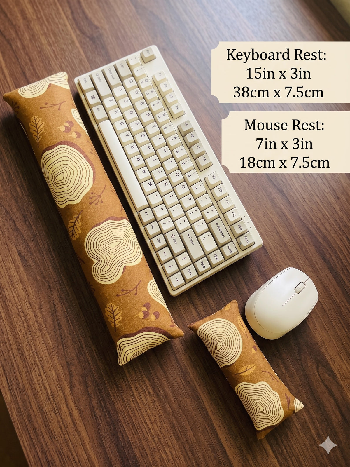 Tree ring keyboard rest, 15 × 3 in, and mouse rest, 7 × 3 in, beside a keyboard and mouse