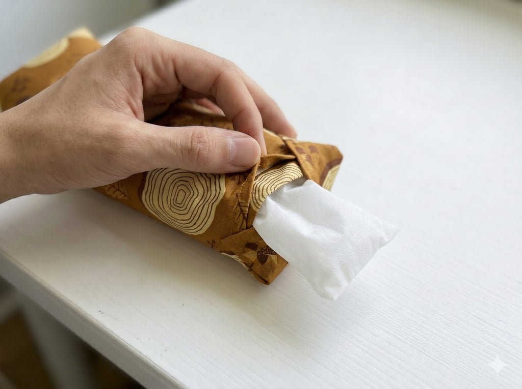 Hand sliding the white inner bag of buckwheat hulls out of the tree ring cover