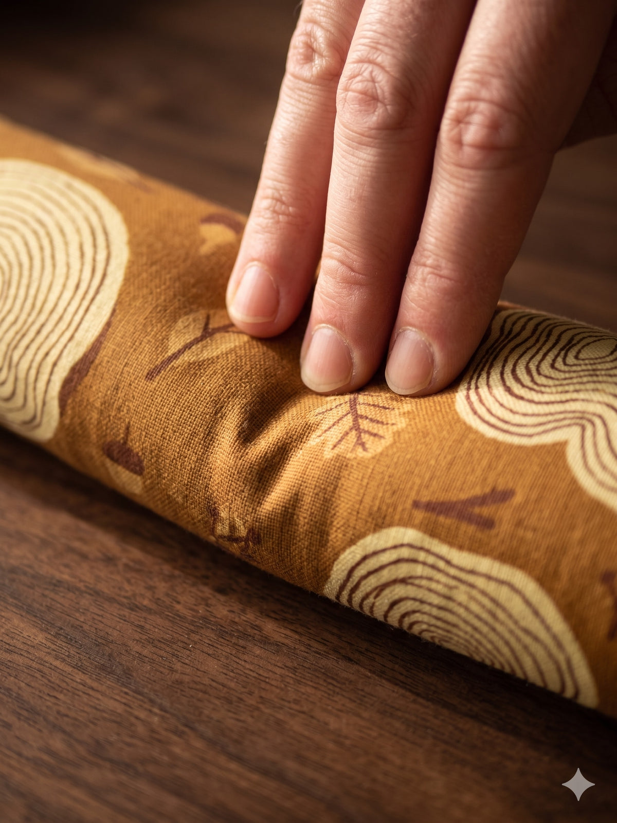Hand pressing into the tree ring wrist rest to show the buckwheat filling