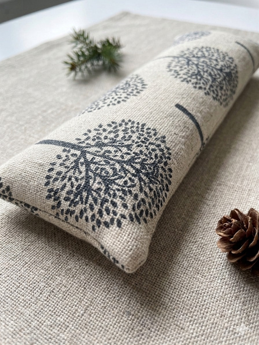 Light tree print wrist rest, charcoal trees on natural fabric, beside a pine cone