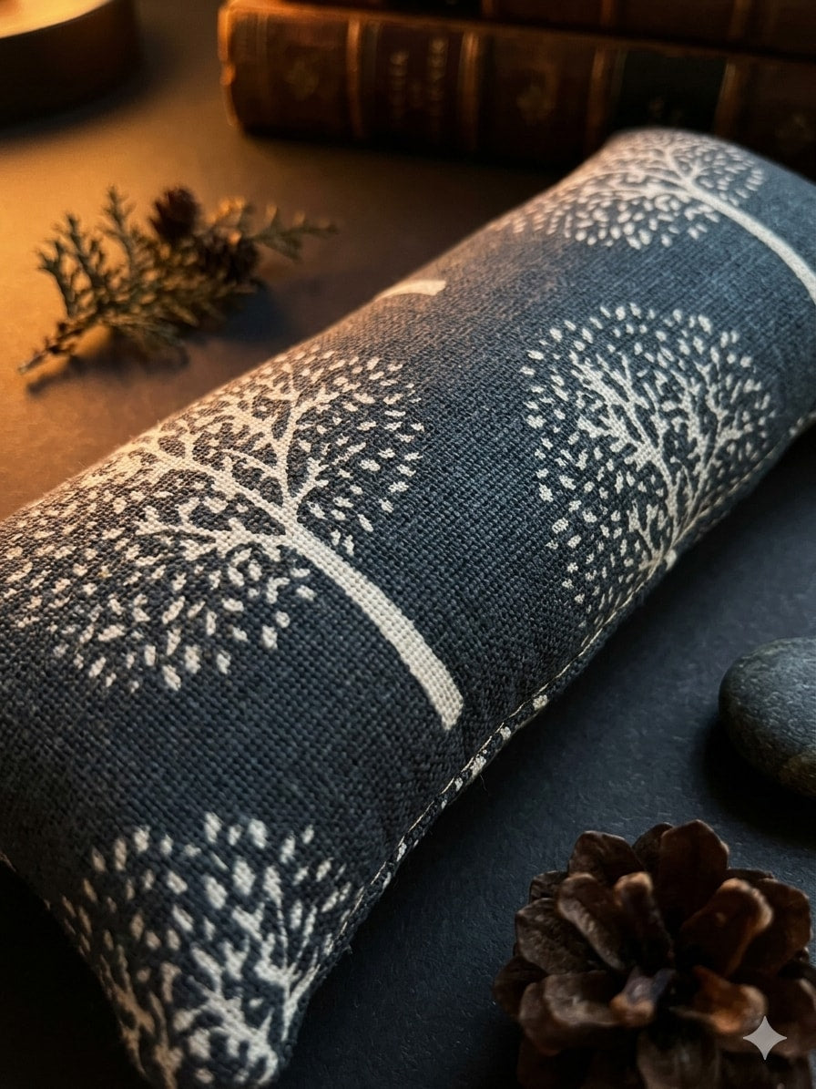 Dark tree print wrist rest, cream trees on charcoal fabric