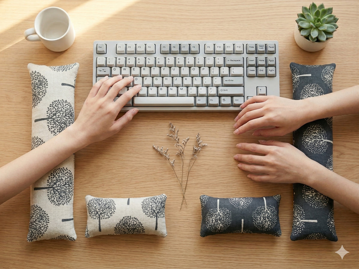 Hands typing on a keyboard with light and dark tree print wrist rests on a wooden desk