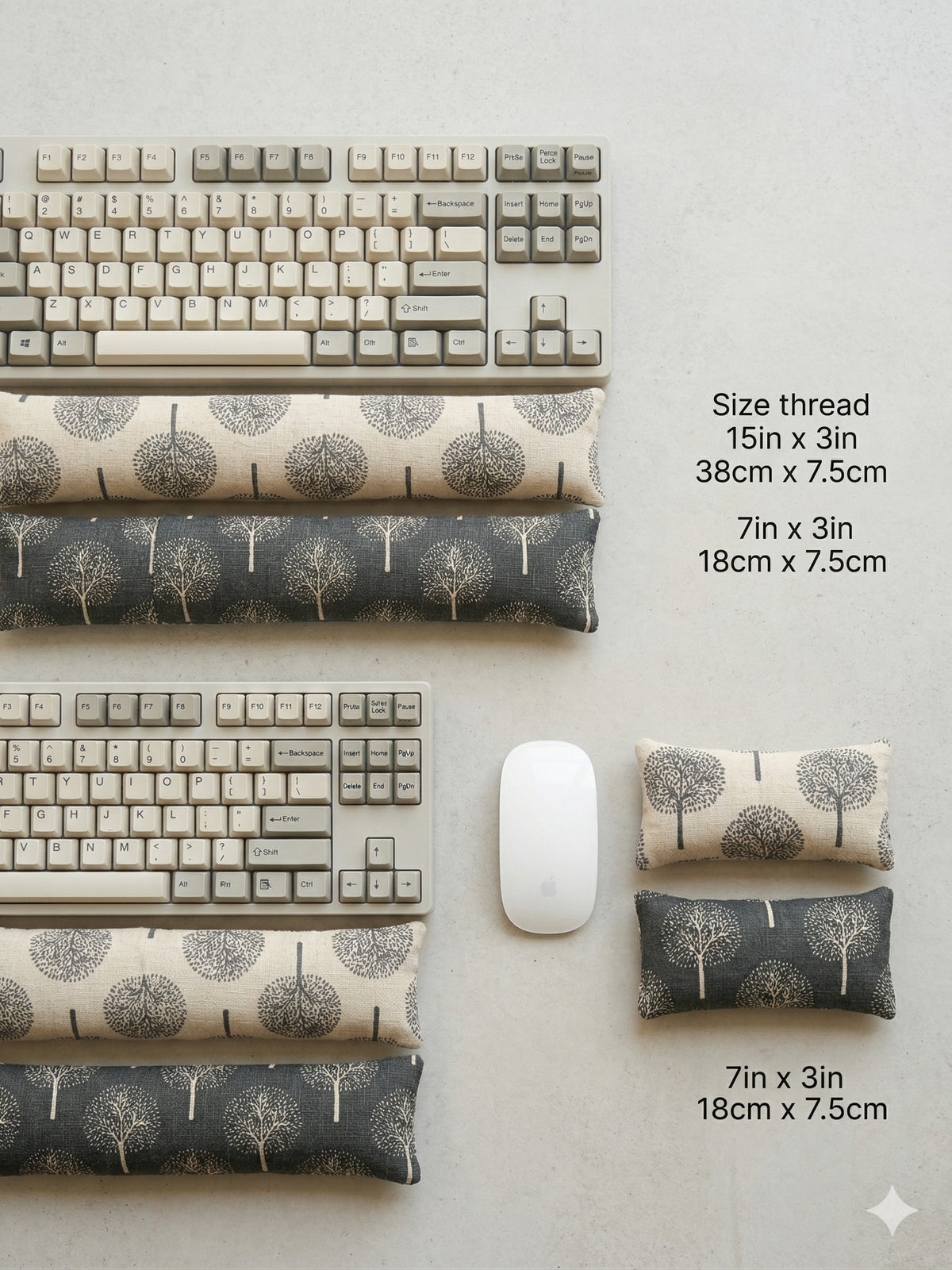 Tree print keyboard rests, 15 × 3 in, and mouse rests, 7 × 3 in, next to keyboards and a mouse