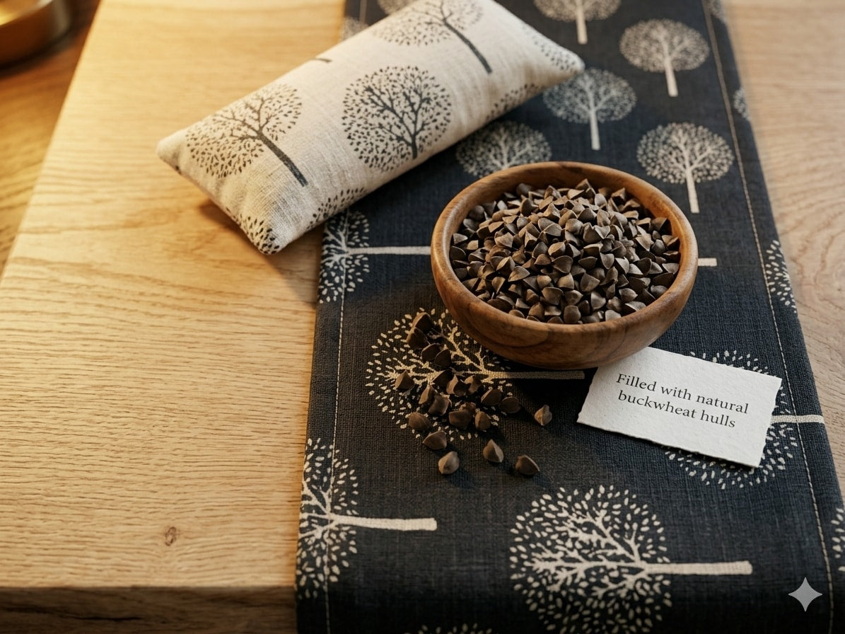 Dark tree print wrist rest with a bowl of the buckwheat hulls used as filling