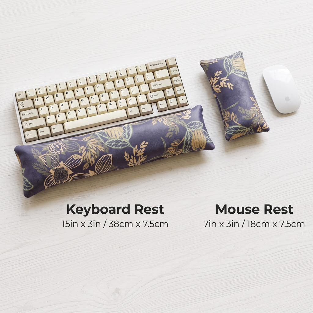 Twilight bloom velvet keyboard rest, 15 × 3 in, and mouse rest, 7 × 3 in, beside a keyboard and mouse