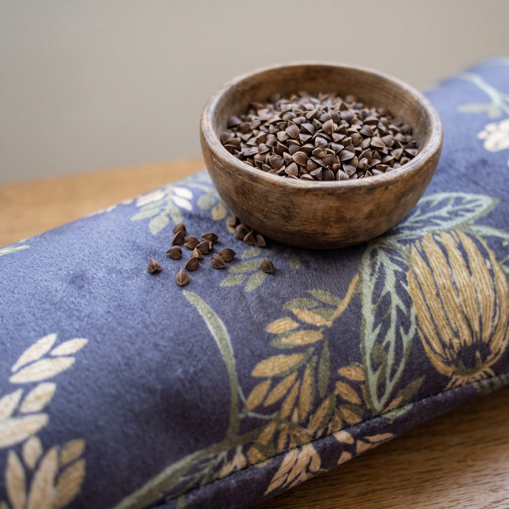 Dusky blue velvet wrist rest with a bowl of the buckwheat hulls used as filling