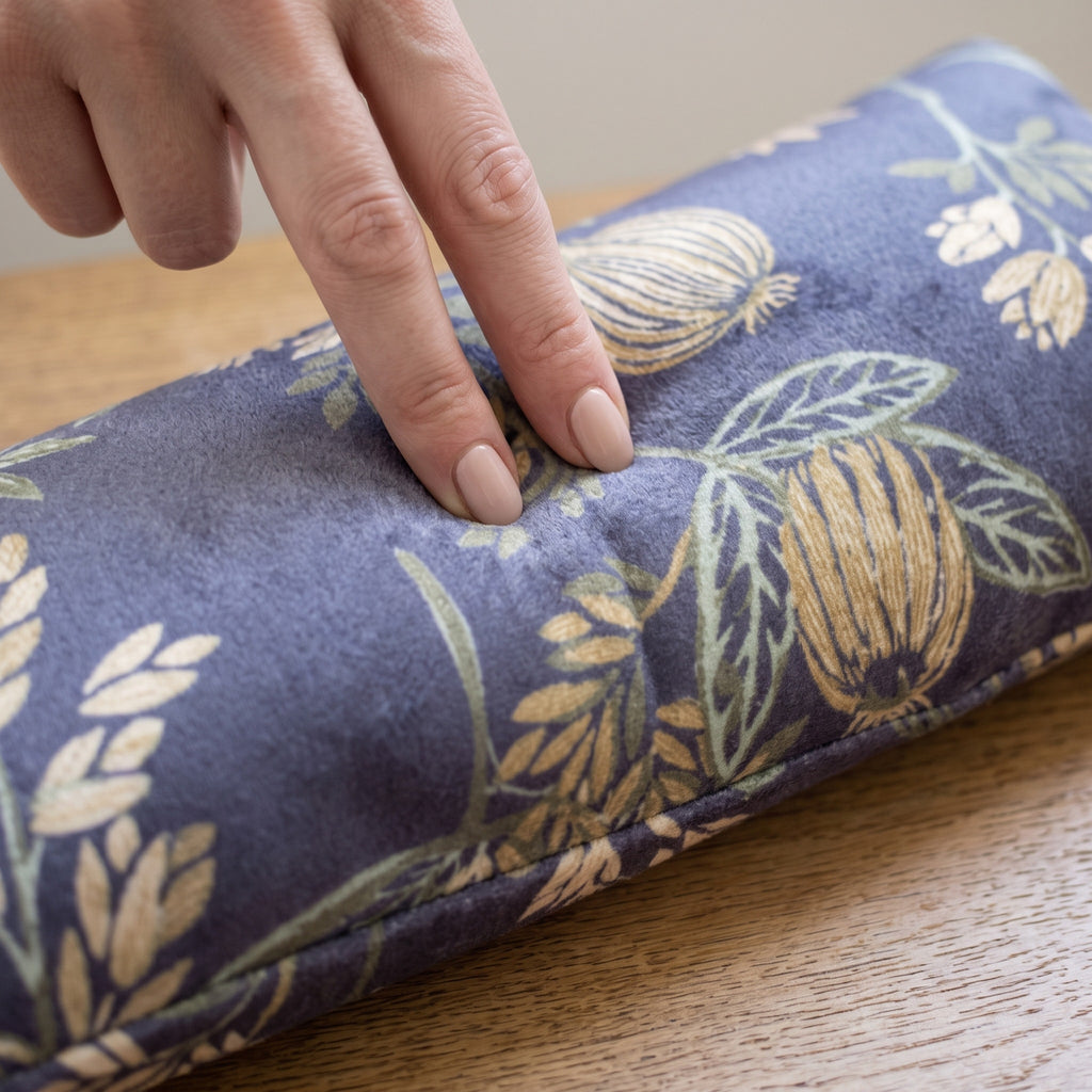 Fingers pressing into the twilight bloom velvet wrist rest to show the buckwheat filling