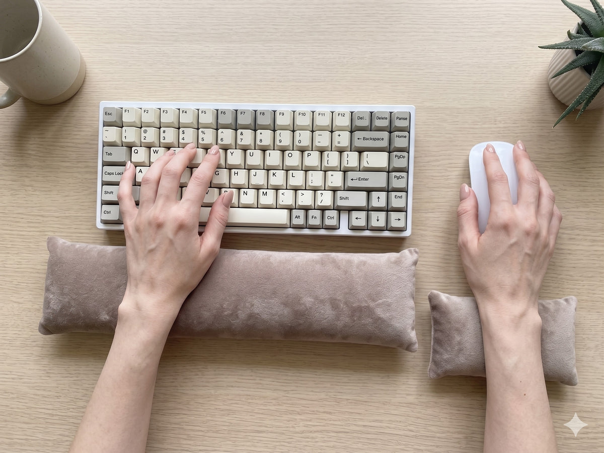Hands typing on a keyboard above a velvet keyboard wrist rest, with the matching mouse rest