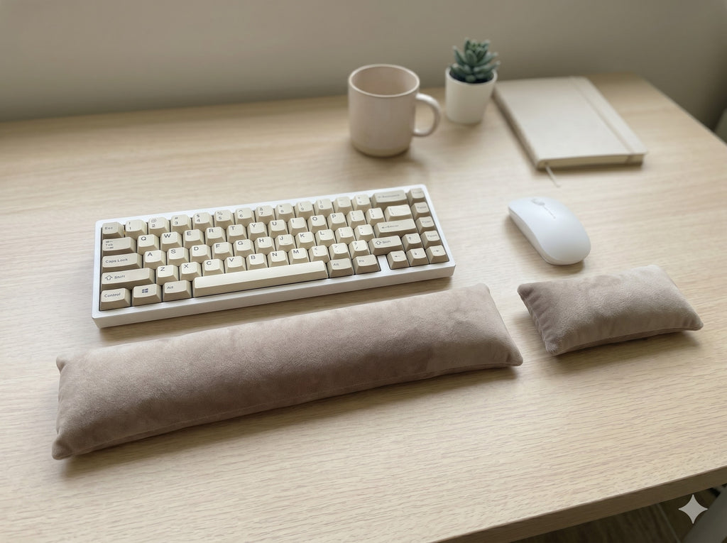 Taupe velvet wrist rest set in front of a white keyboard and mouse on a light wood desk