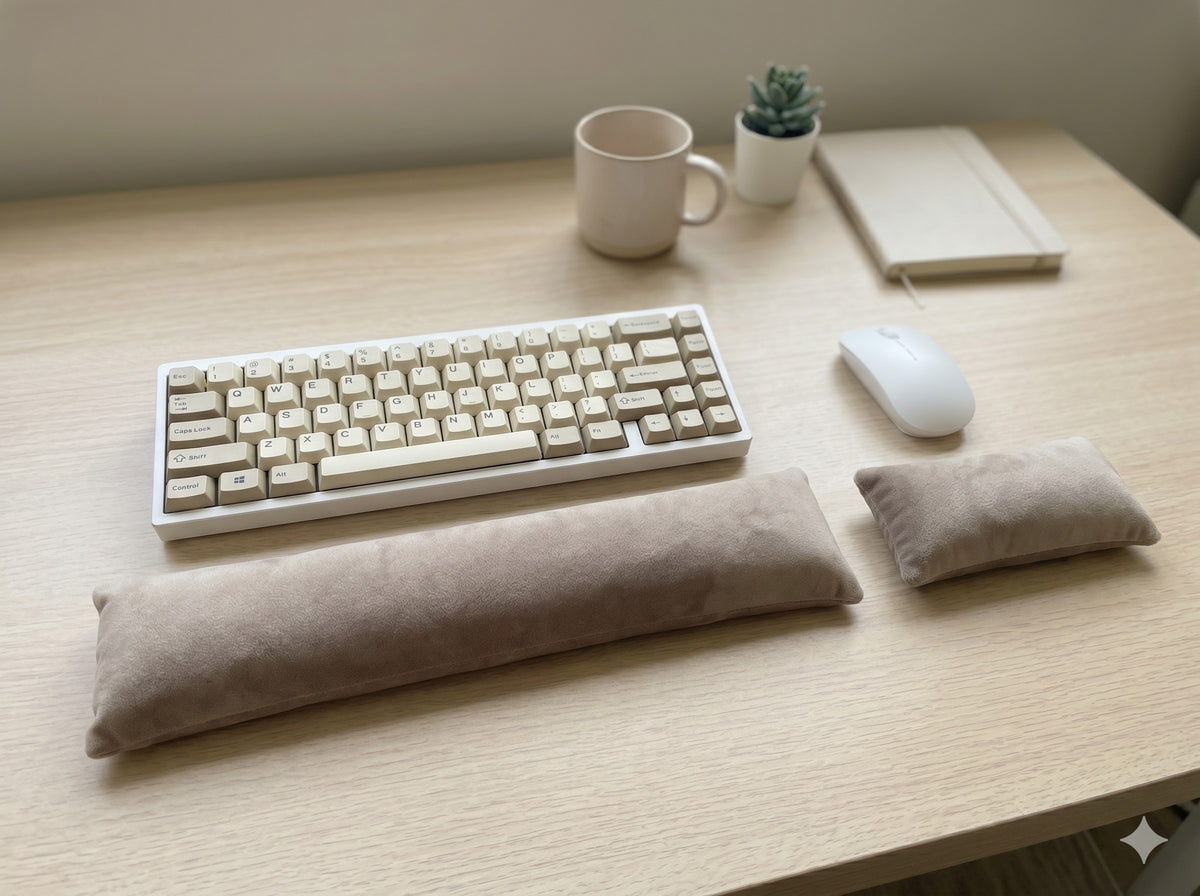 Taupe velvet wrist rest set in front of a white keyboard and mouse on a light wood desk