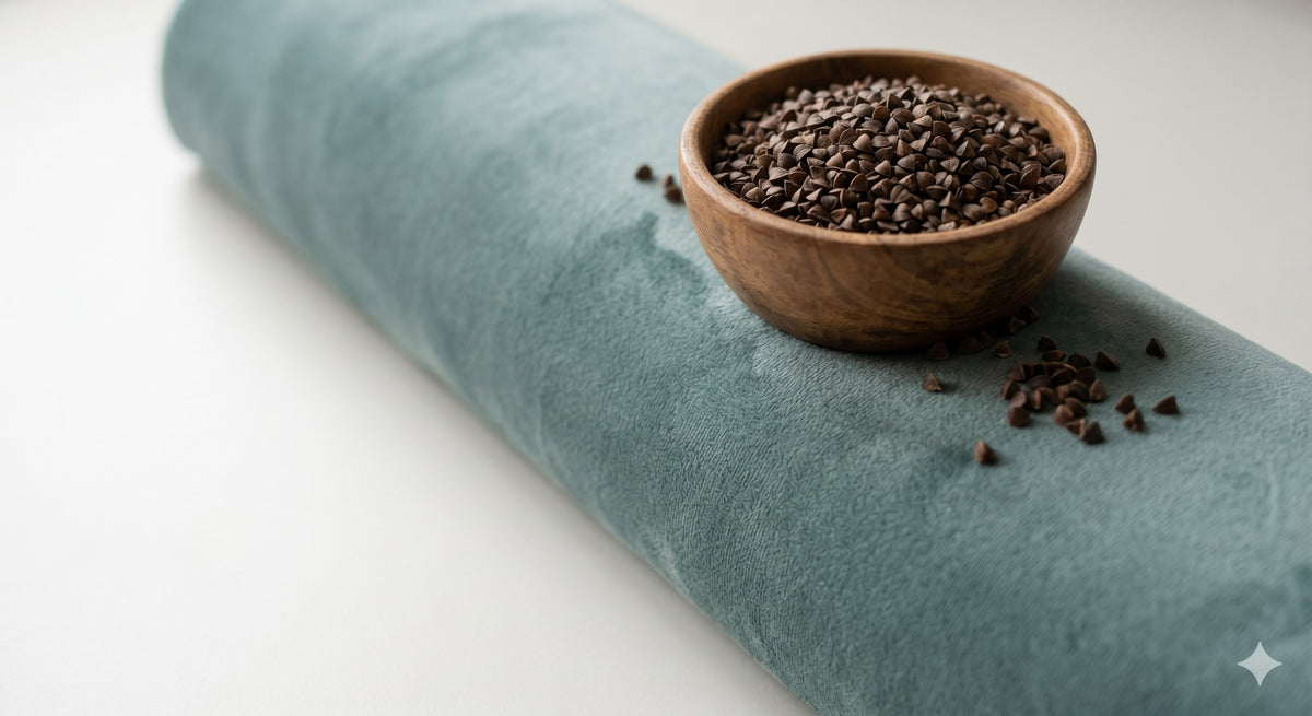 Close-up of sage green velvet with a bowl of the buckwheat hulls used as filling