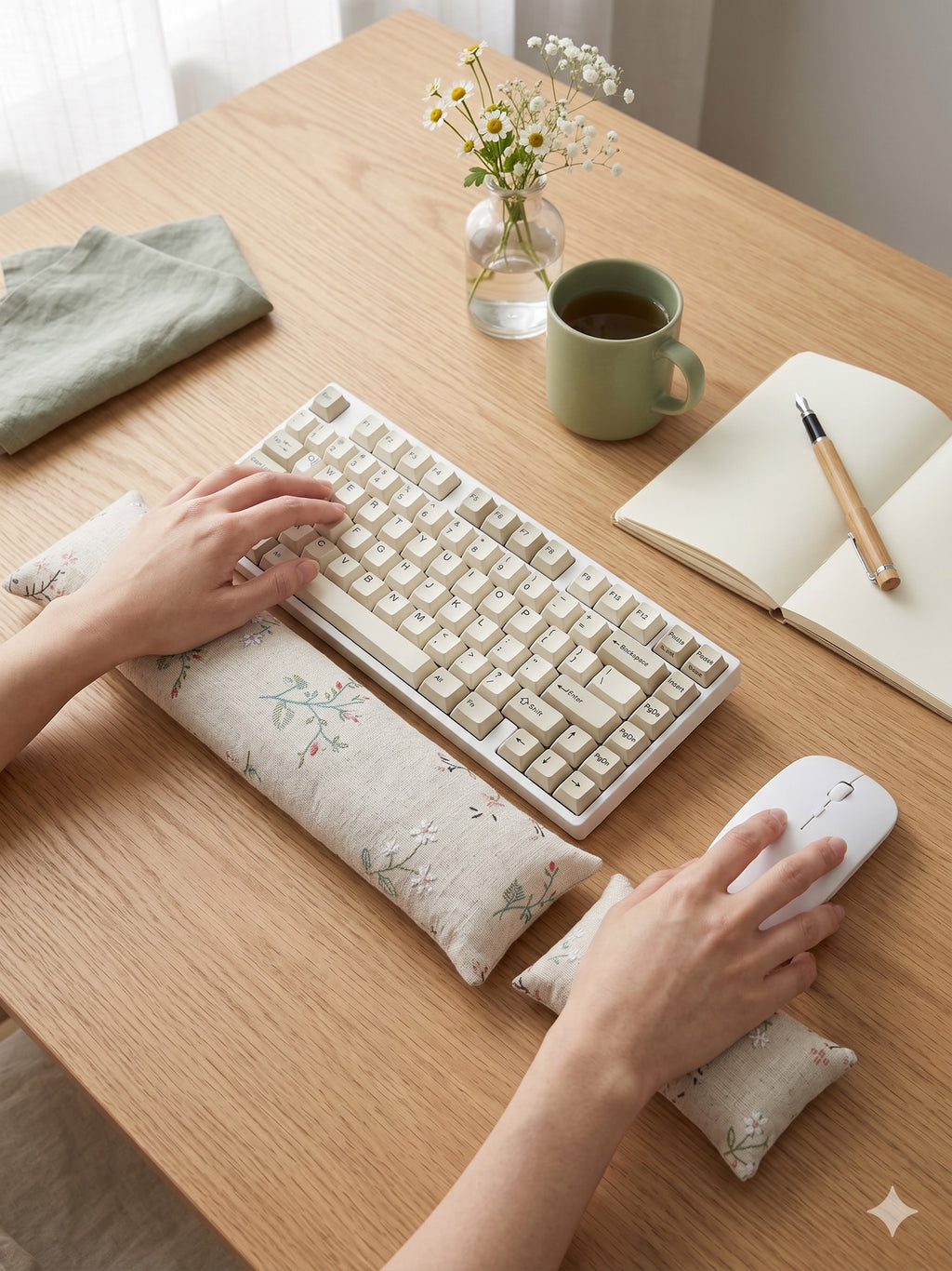 Hands on a keyboard and mouse resting on the wildflower sprig wrist rests on a wooden desk