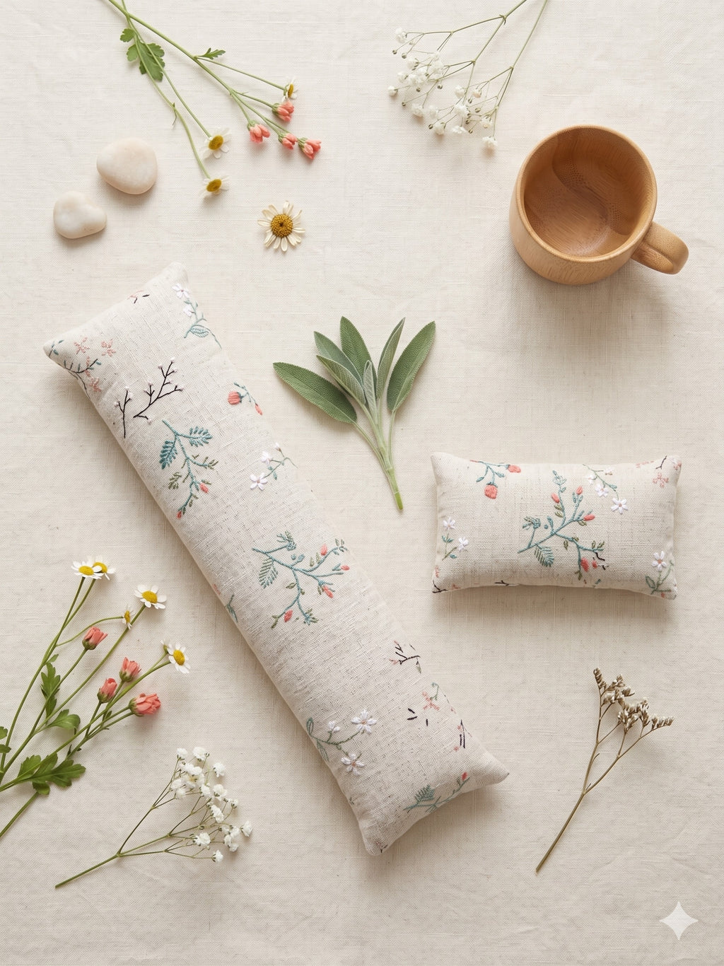 Wildflower sprig keyboard and mouse wrist rests laid flat with sage leaves, wildflowers and a wooden cup
