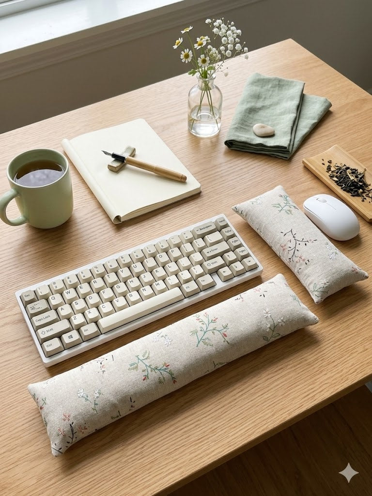 Wildflower sprig wrist rest set beside a keyboard, mug and notebook on a wooden desk
