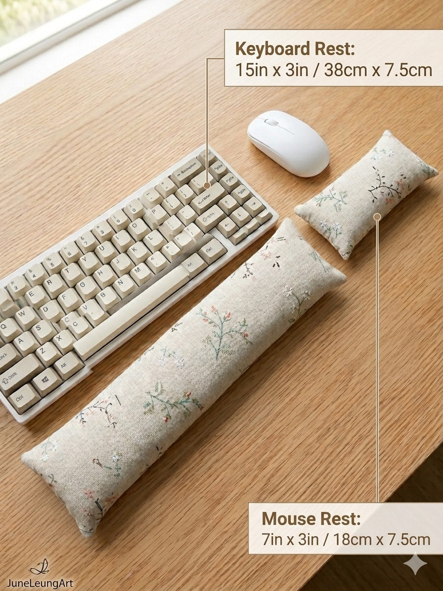 Wildflower sprig keyboard rest and mouse rest in front of a keyboard and mouse