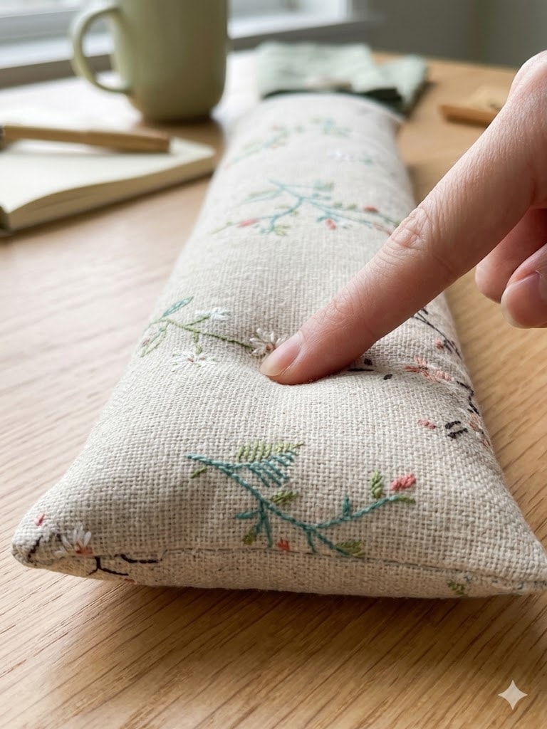 Finger pressing into the wildflower sprig wrist rest to show the buckwheat filling