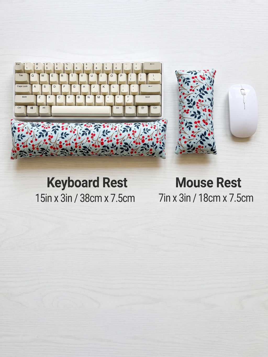 Winterberry keyboard rest, 15 × 3 in, and mouse rest, 7 × 3 in, beside a keyboard and mouse